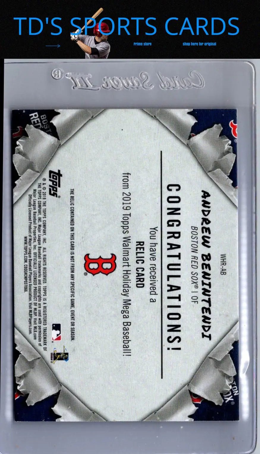 Andrew Benintendi baseball card from 2019 Topps Holiday Benintendi Relics collection