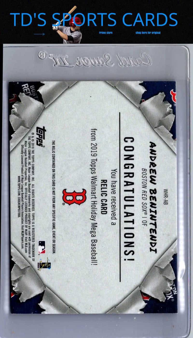Andrew Benintendi baseball card from 2019 Topps Holiday Benintendi Relics collection