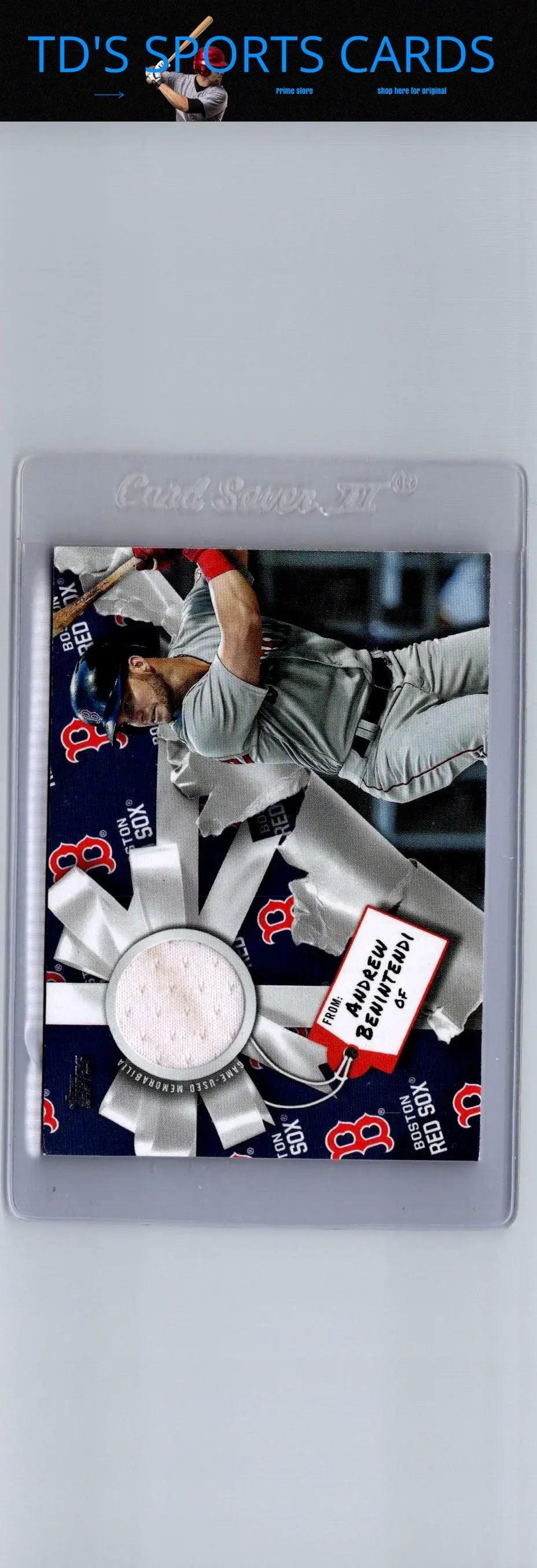 Framed Andrew Benintendi relics baseball card from 2019 Topps Holiday series
