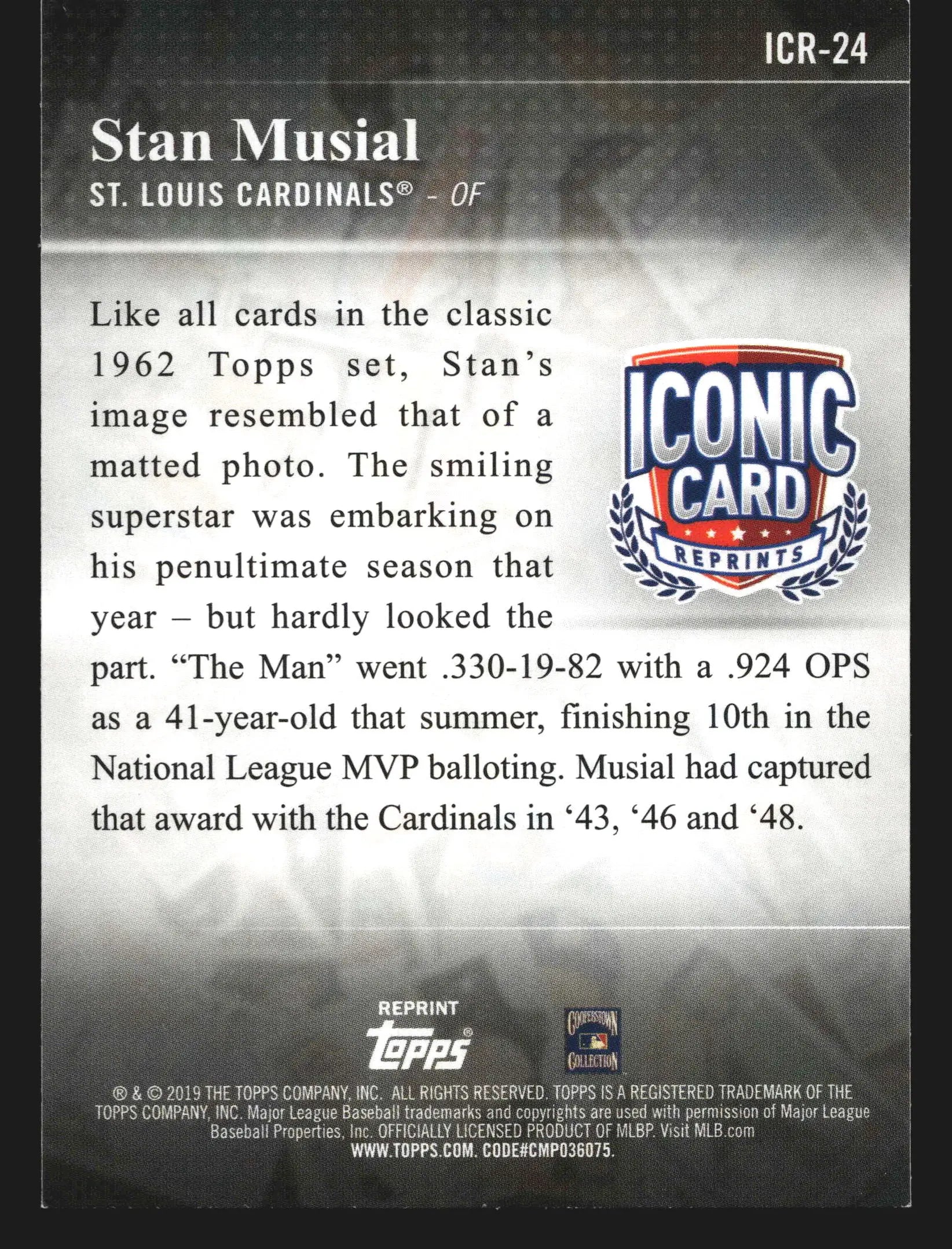 2019 Topps Iconic Card Reprints Stan Musial #ICR-24 1962 Topps HOF - Baseball Card Single