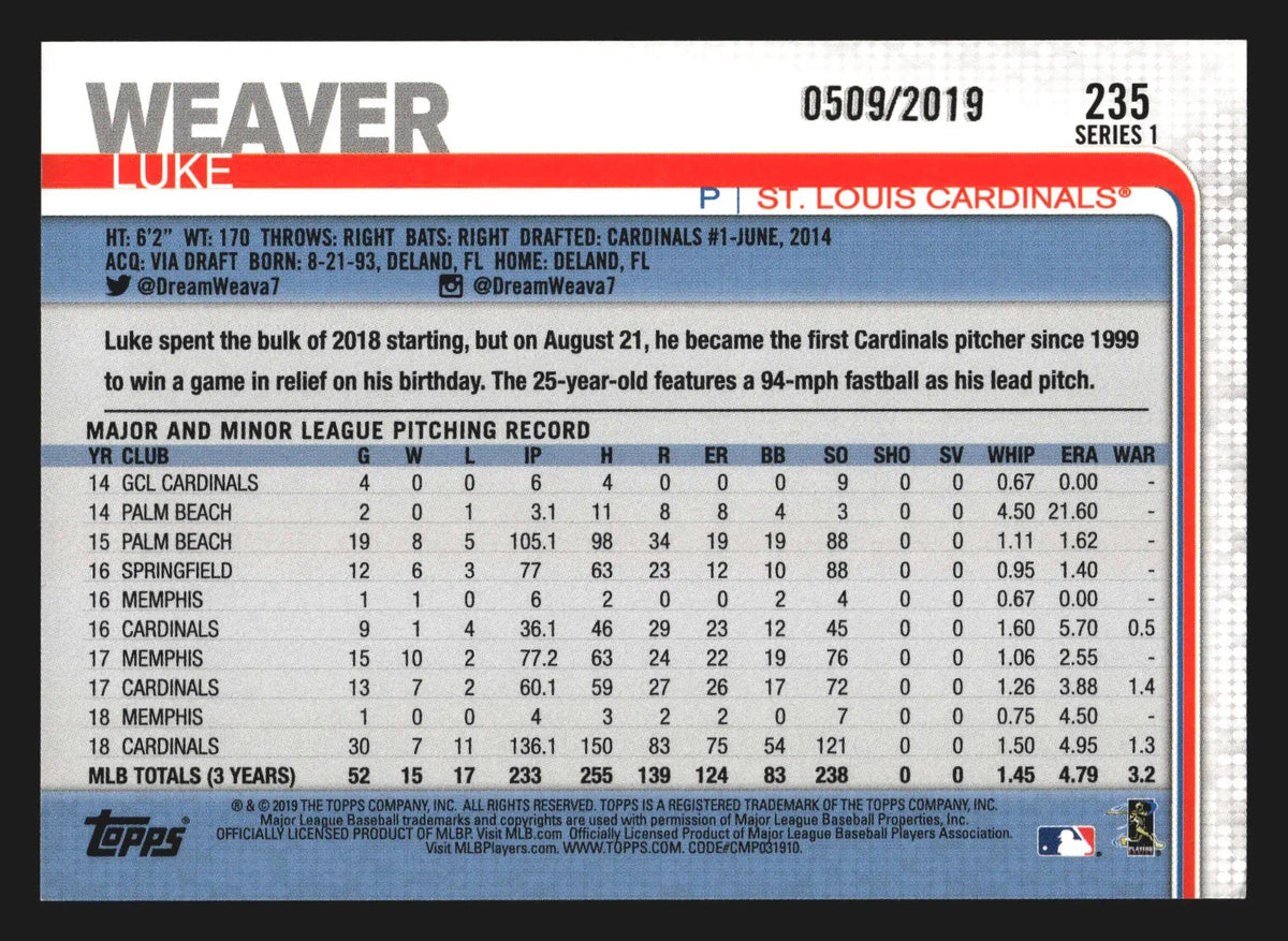 2019 Topps Luke Weaver #235 Gold /2019 St. Louis Cardinals - Baseball Card Single