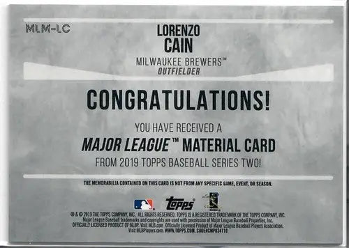 2019 Topps Major League Material Series 2 #MLM-LC Lorenzo Cain NM-MT MEM Brewers - Baseball Card Single