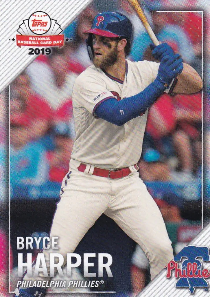 Bryce Harper in a white uniform with blue accents for Topps National Baseball Card Day