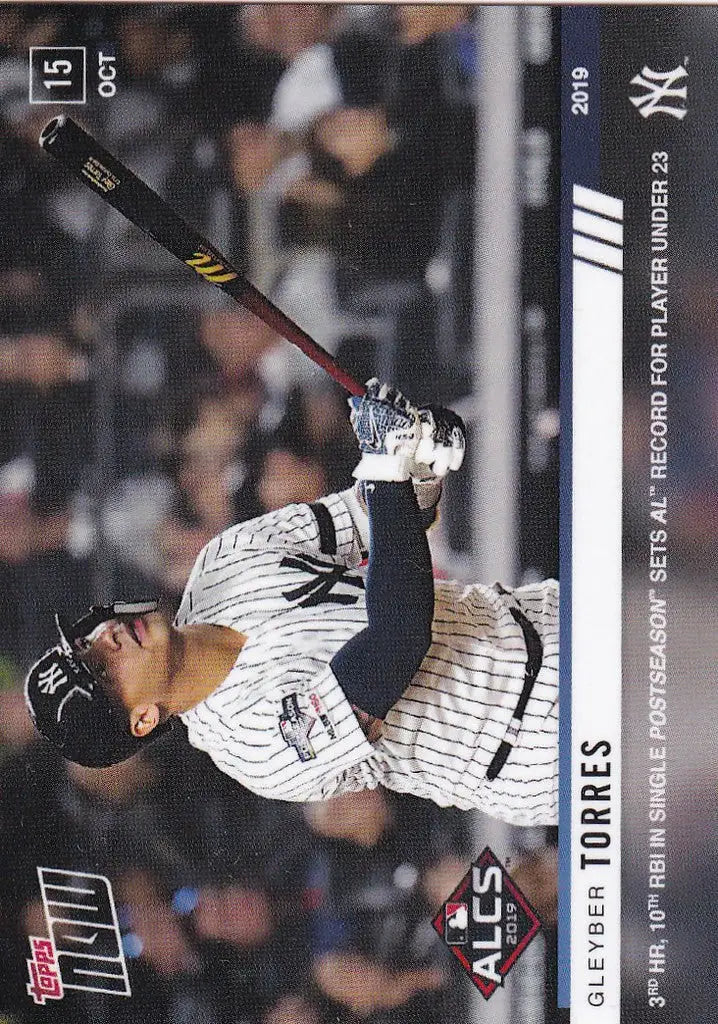 Baseball card of Gleyber Torres swinging bat for 2019 Topps Now 3rd HR, New York Yankees