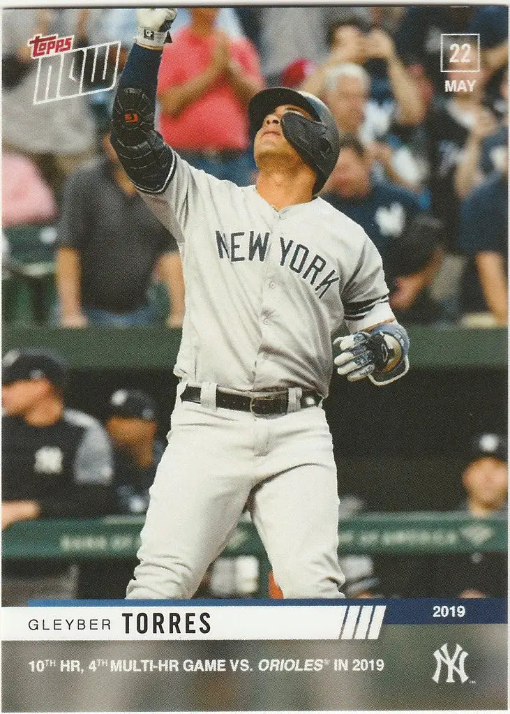 Baseball card of Gleyber Torres celebrating Yankees 4th multi HR game vs Orioles