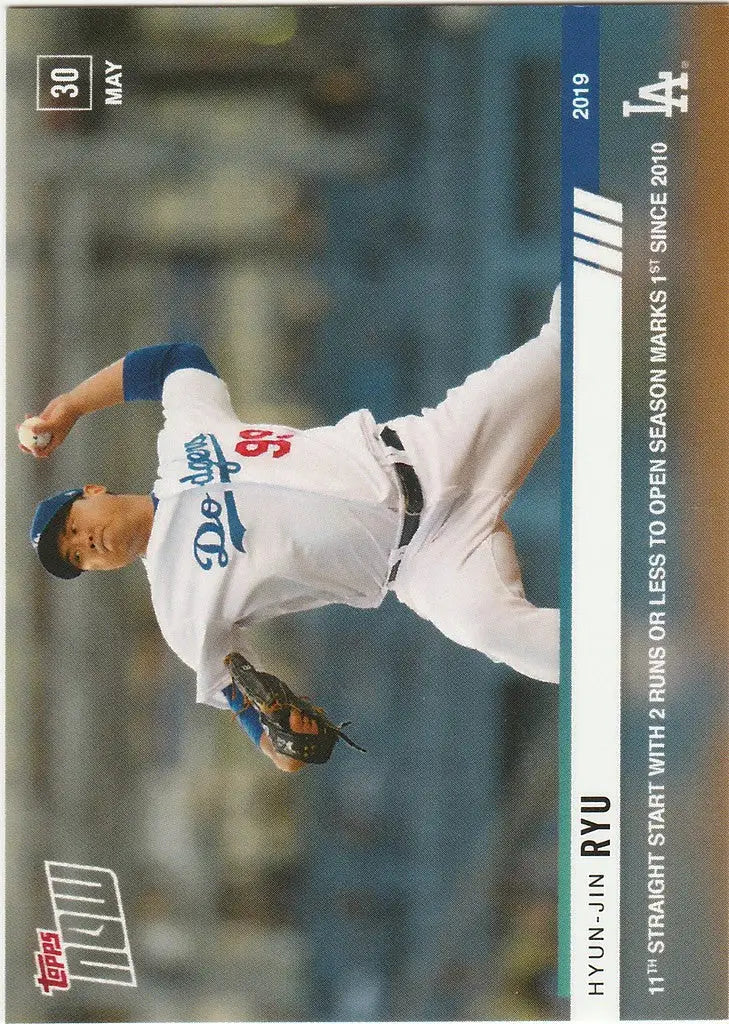 Baseball pitcher in mid-throw wearing a white Dodgers uniform representing Ryu Los Angeles