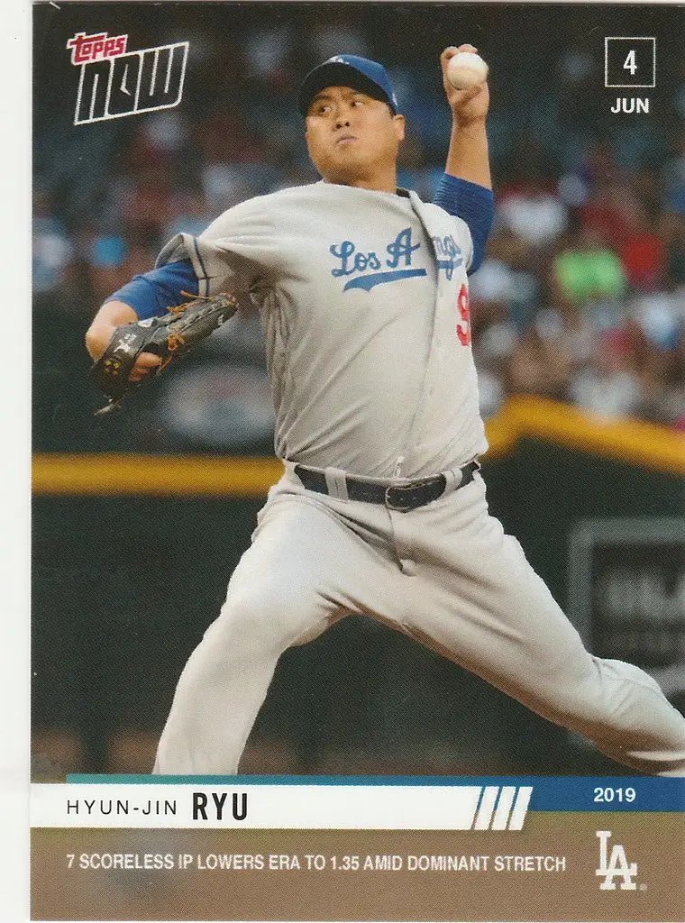 Baseball player Hyun-Jin Ryu in Los Angeles Dodgers uniform mid-pitch on the mound