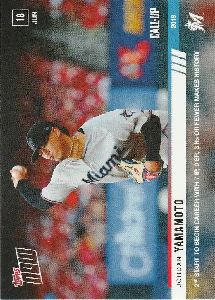 Baseball player Jordan Yamamoto pitching in white Miami Marlins uniform during 2nd start