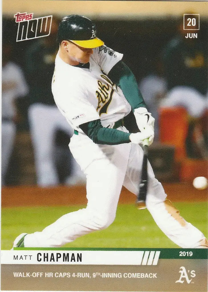 Baseball player Matt Chapman in Oakland Athletics uniform swinging bat for walk-off HR