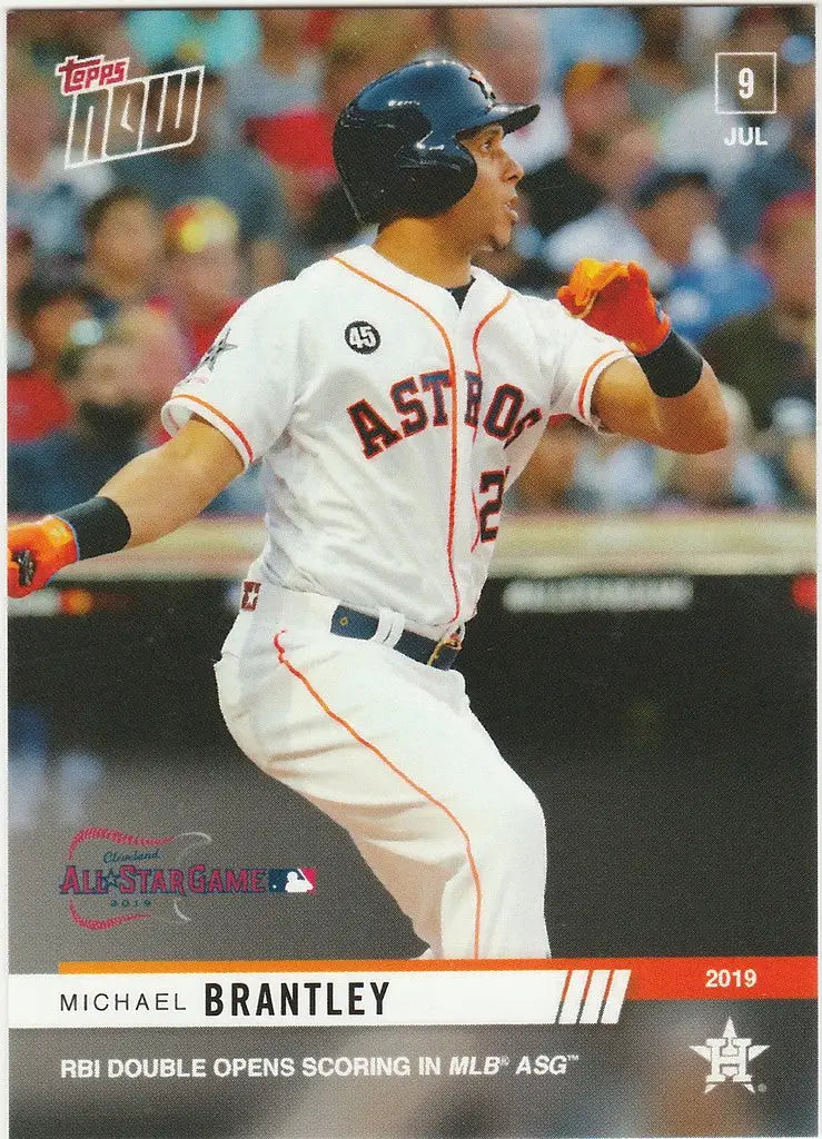 Baseball player Michael Brantley in Astros uniform swinging bat during ASG RBI double