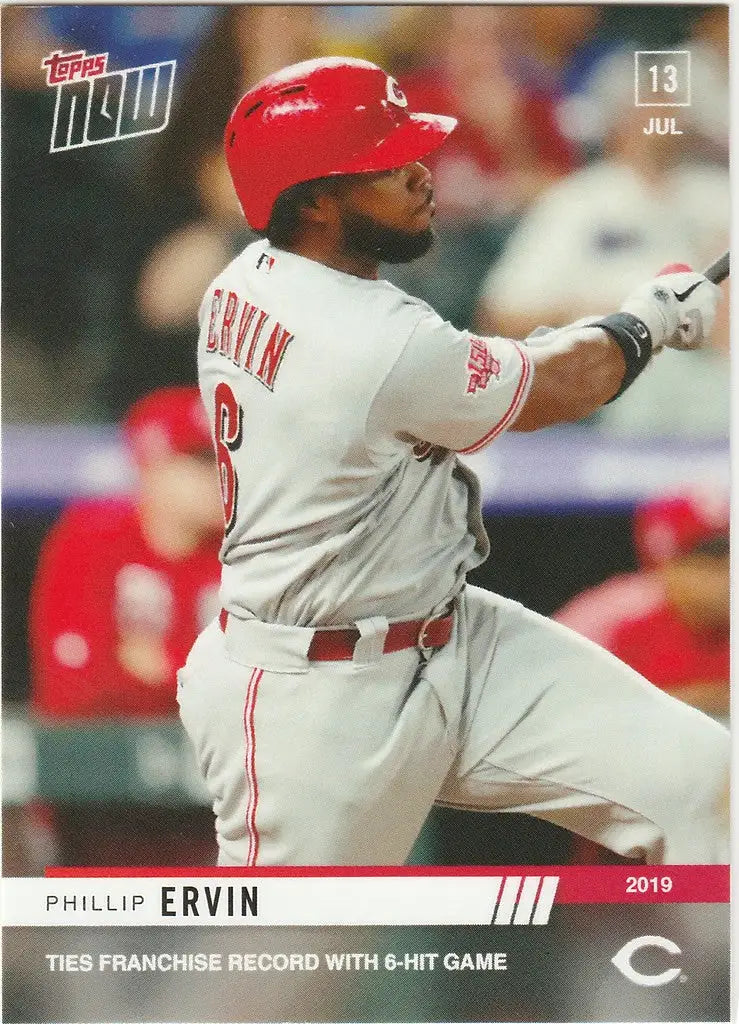 Baseball player in Cincinnati Reds uniform swinging bat for Phillip Ervin hit game Cincinnati