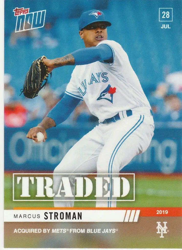 Baseball card of Marcus Stroman traded to New York Mets in mid-throwing motion