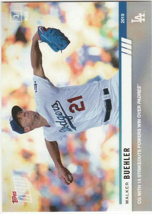 Baseball player in white Dodgers jersey pitching, showcasing Walker Buehler complete game