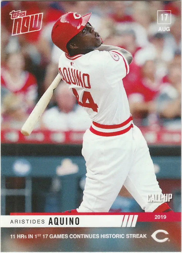 Baseball card of Aristides Aquino mid-swing for Cincinnati Reds, showcasing Aquino 11HR