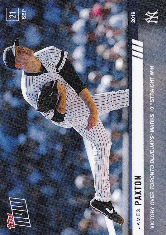 Baseball pitcher James Paxton in mid-throw for his 10th straight win with Yankees uniform