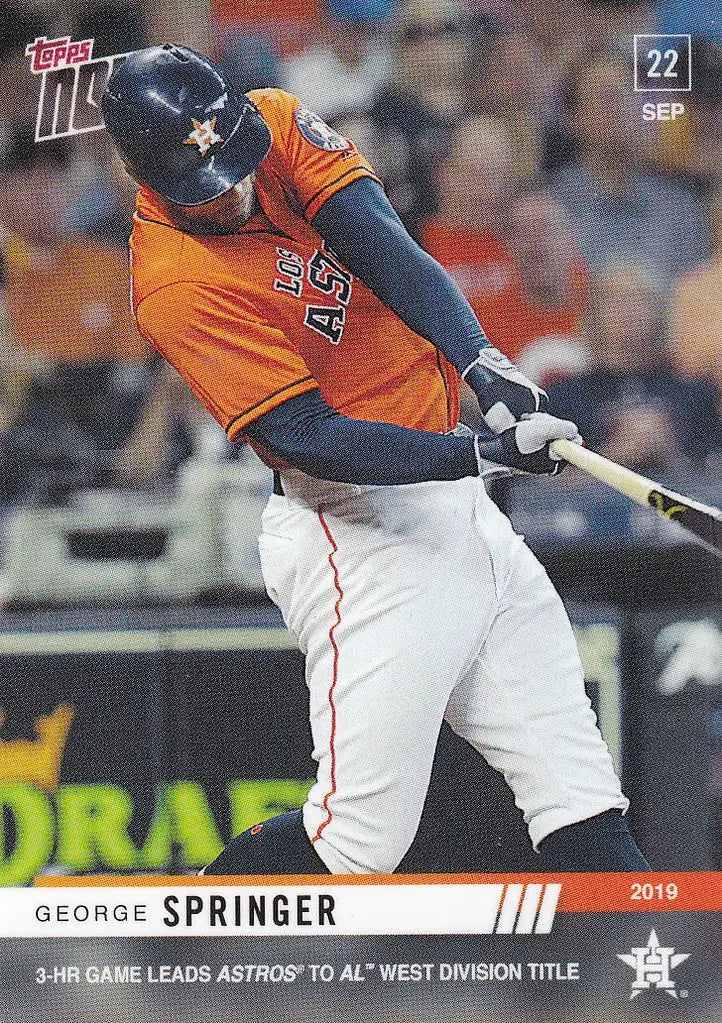 Baseball player in orange jersey swinging bat at 2019 George Springer 3HR game