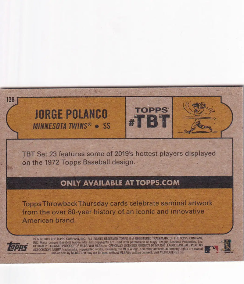 2019 TOPPS NOW THROW BACK THURSDAY TBT #138 JORGE POLANCO- MINNESOTA TWINS - Baseball Card Single