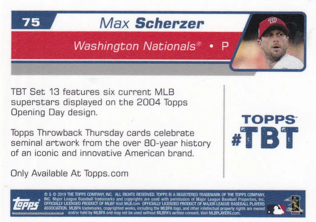 2019 TOPPS NOW THROW BACK THURSDAY TBT #75 MAX SCHERZER- WASHINGTON NATIONALS - Baseball Card Single