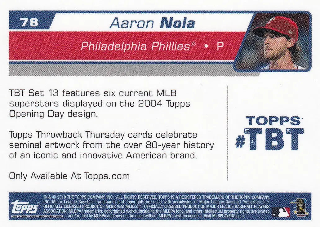 2019 TOPPS NOW THROW BACK THURSDAY TBT #78 AARON NOLA- PHILADELPHIA PHILLIES - Baseball Card Single