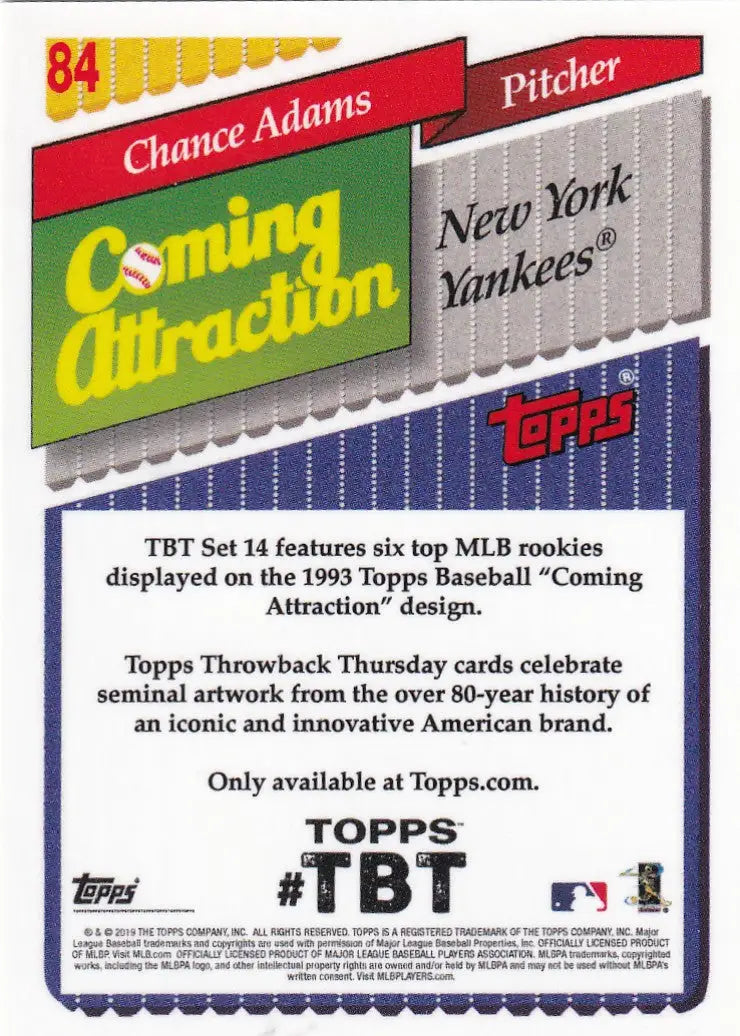 2019 TOPPS NOW THROW BACK THURSDAY TBT #84 CHANCE ADAMS- NEW YORK YANKEES - Baseball Card Single