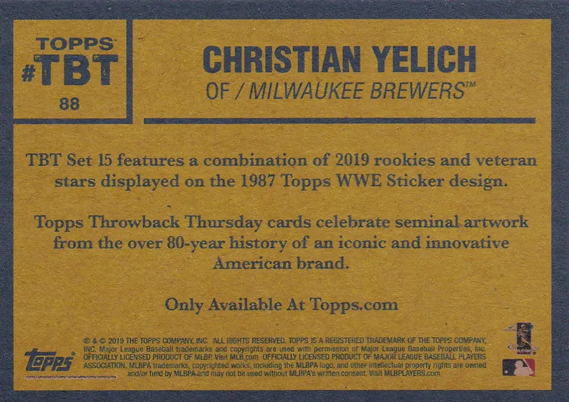 2019 TOPPS NOW THROW BACK THURSDAY TBT #88 CHRISTIAN YELICH- MILWAUKEE BREWERS - Baseball Card Single