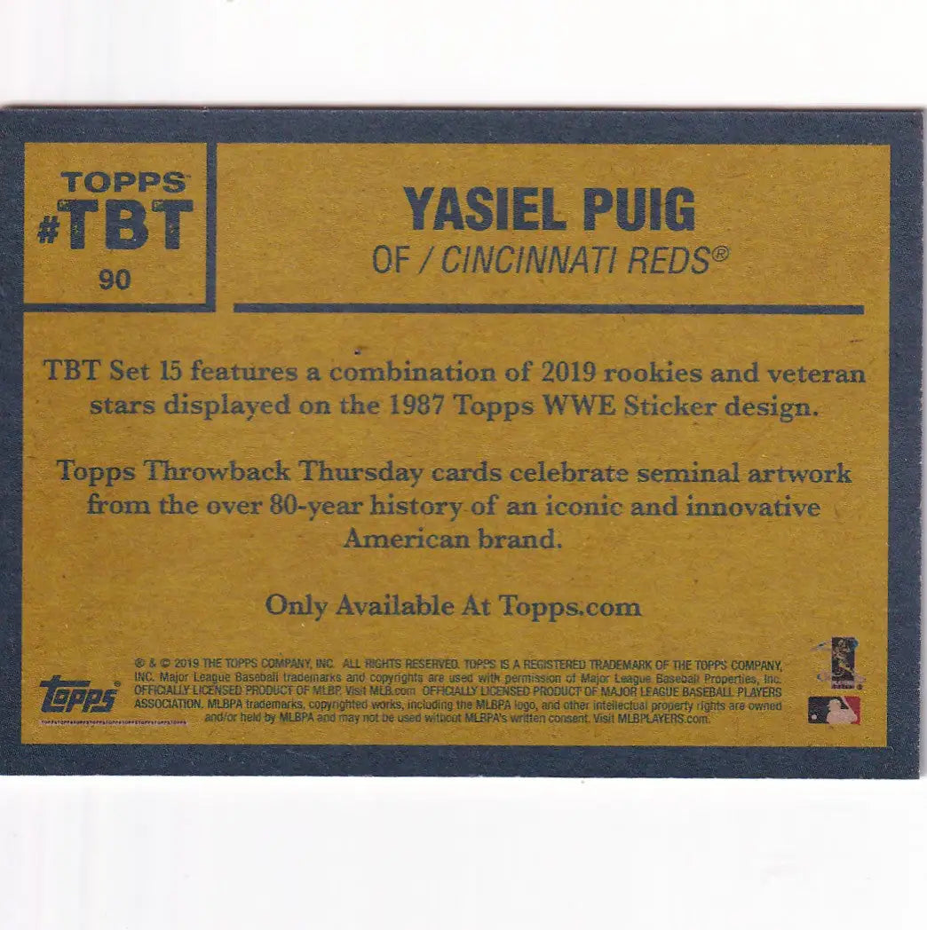 2019 TOPPS NOW THROW BACK THURSDAY TBT #90 YASIEL PUIG- CINCINNATI REDS - Baseball Card Single