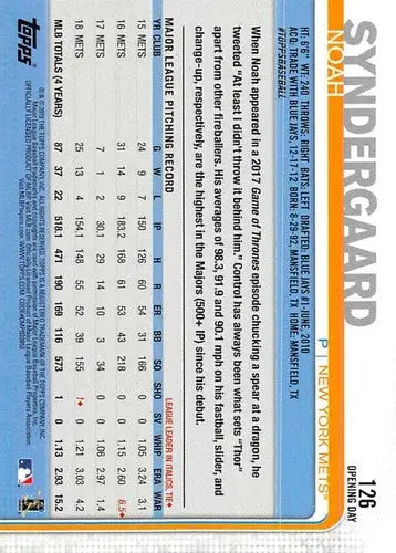Back of a 2019 Topps Opening Day Noah Syndergaard baseball trading card with player stats