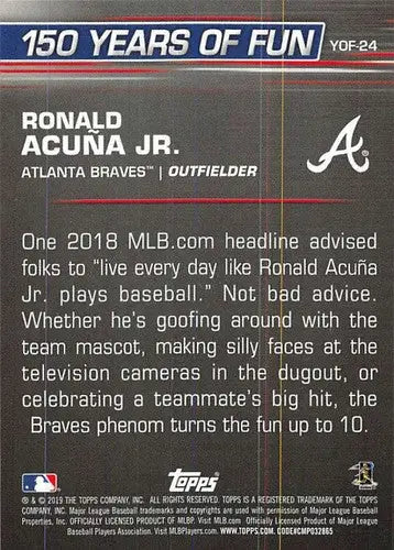 Ronald Acuna Jr baseball card back from 2019 Topps Opening Day set with original gloss