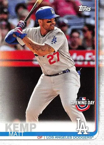 Baseball card featuring Matt Kemp from 2019 Topps Opening Day Dodgers collection