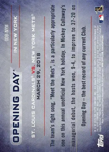 2019 Topps Opening Day Baseball Card Back with Original Gloss for New York Mets