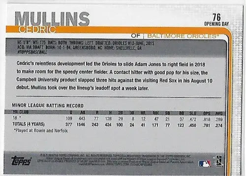 2019 Topps Opening Day Blue Foil #76 Cedric Mullins NM-MT Orioles - Baseball Card Single