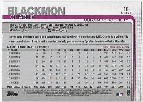 Back of 2019 Topps Rainbow Foil Charlie Blackmon Rockies trading card image