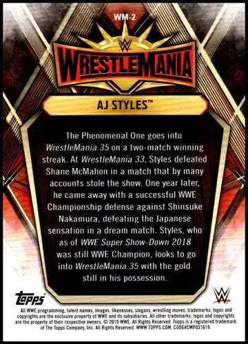 WWE AJ Styles trading card from 2019 Topps Road to WrestleMania original gloss
