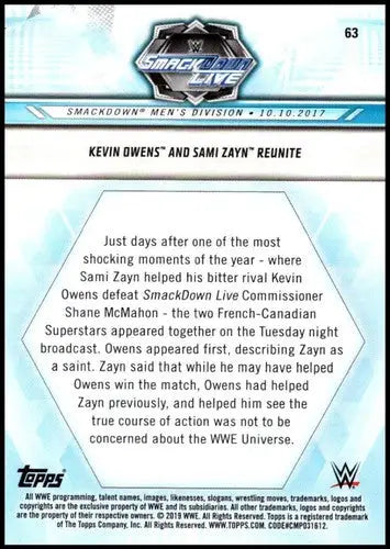 Original gloss Kevin Owens and Sami Zayn WWE trading card from 2019 Topps Road to WrestleMania