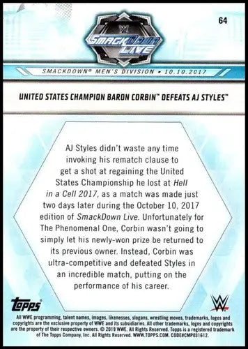 Original gloss of 2019 Topps Road to WrestleMania Baron Corbin wrestling card