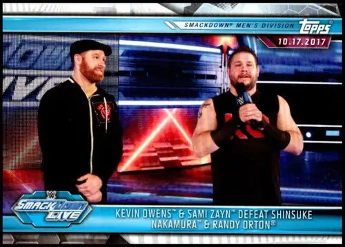 Collectible trading card featuring Owens Sami Zayn and Sami Zayn defeat from 2019 Topps Road to WrestleMania