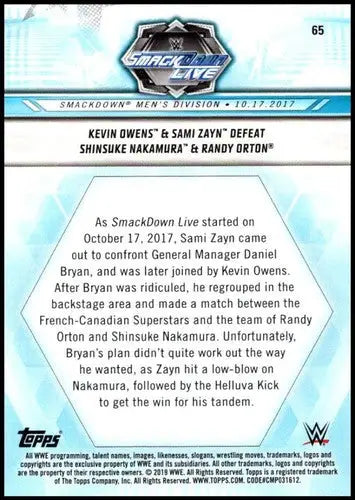 Back of collectible wrestling trading card featuring Owens Sami Zayn Sami Zayn defeat