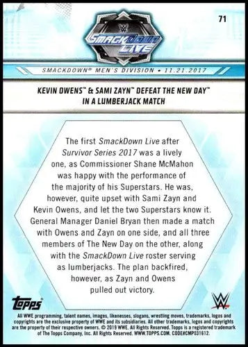 Original gloss wrestling trading card featuring Kevin Owens and Sami Zayn from 2019 Topps Road to WrestleMania
