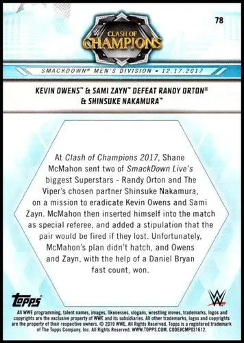 WWE Clash of Champions 2017 trading card featuring Owens Sami Zayn and Sami Zayn defeat
