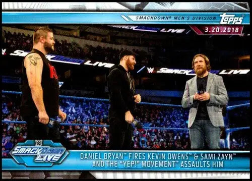 Collectible trading card featuring Bryan fires Kevin Owens and WWE wrestlers from 2019 Topps Road to WrestleMania