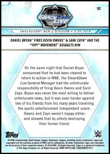 WWE Topps trading card featuring Bryan fires Kevin Owens from 2019 Topps Road to WrestleMania