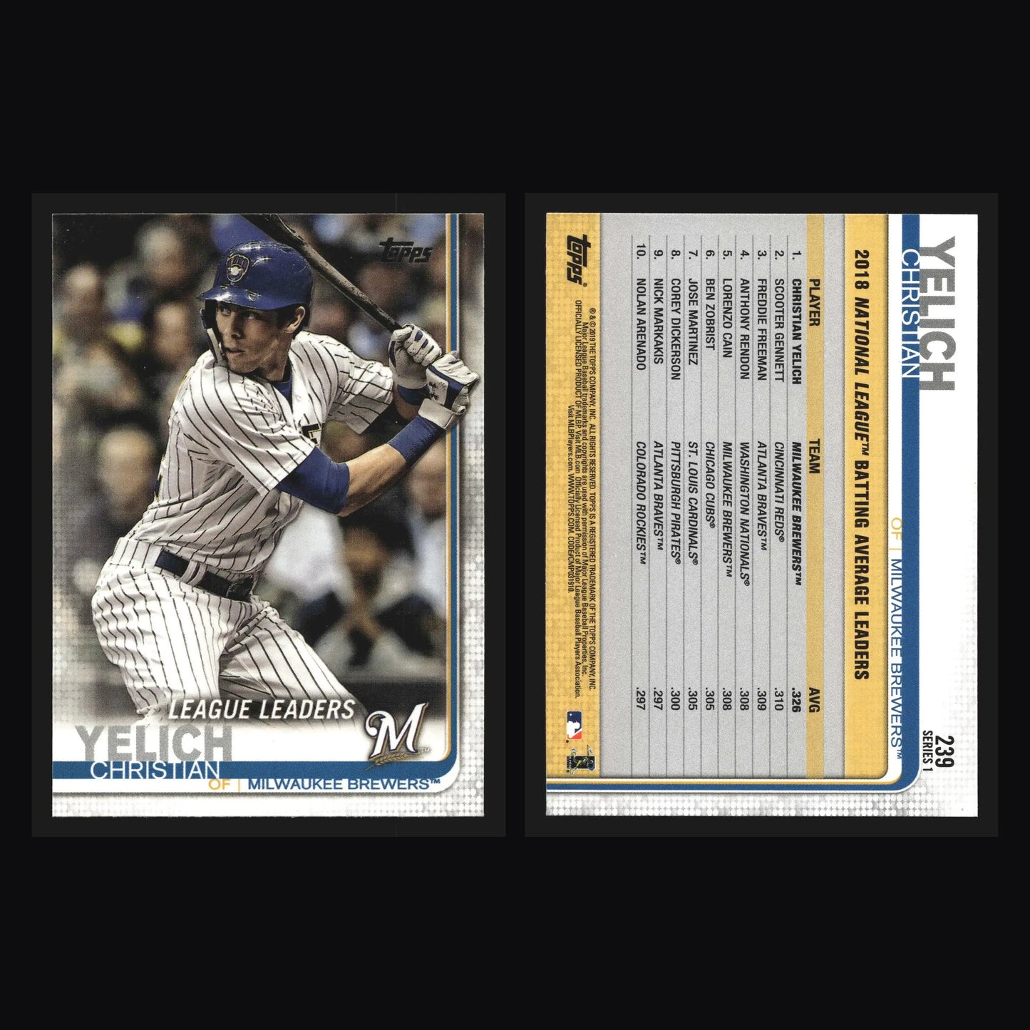 2019 Topps Series 1 #239 Christian Yelich League Leaders Brewers - Baseball Card Single