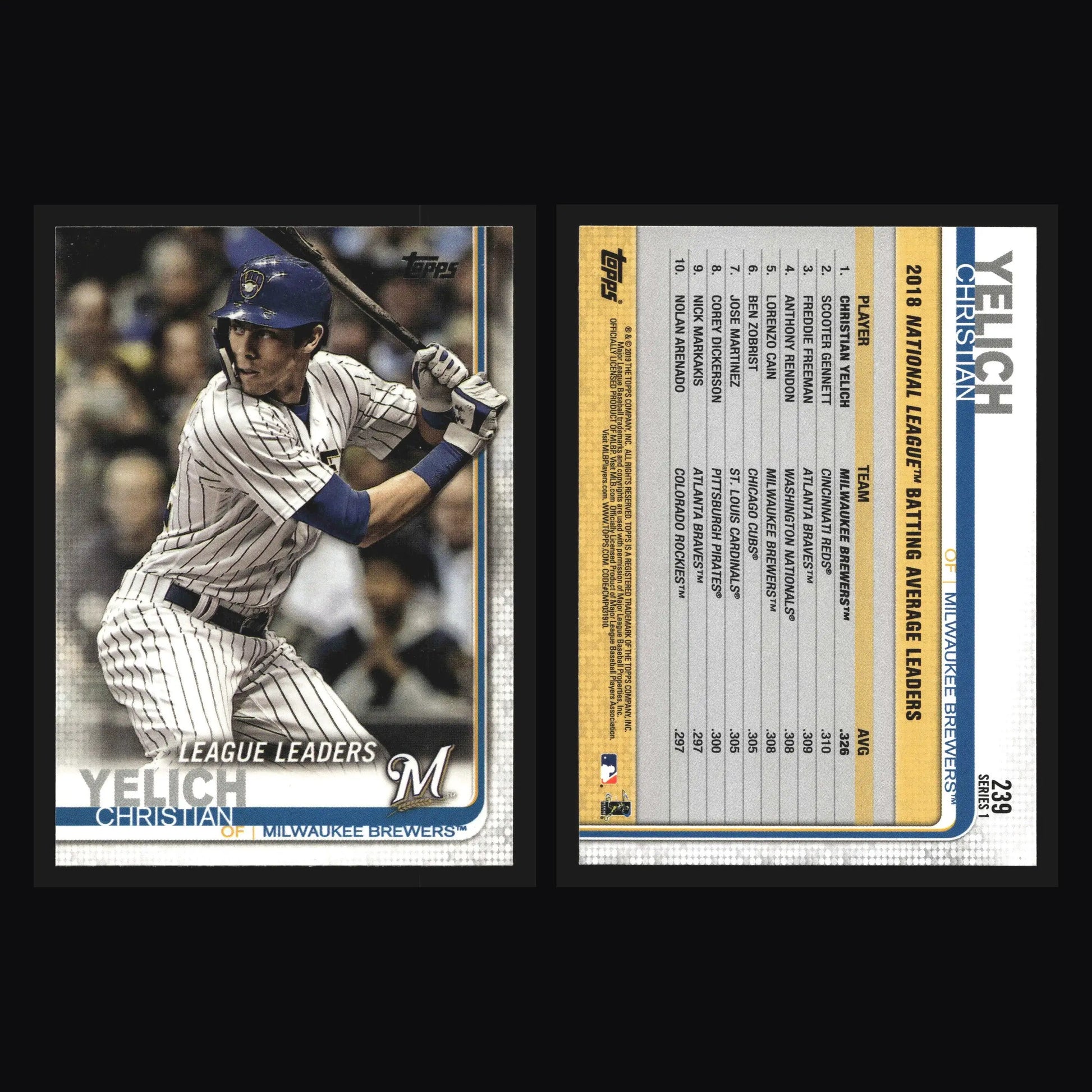 2019 Topps Series 1 #239 Christian Yelich League Leaders Brewers - Baseball Card Single