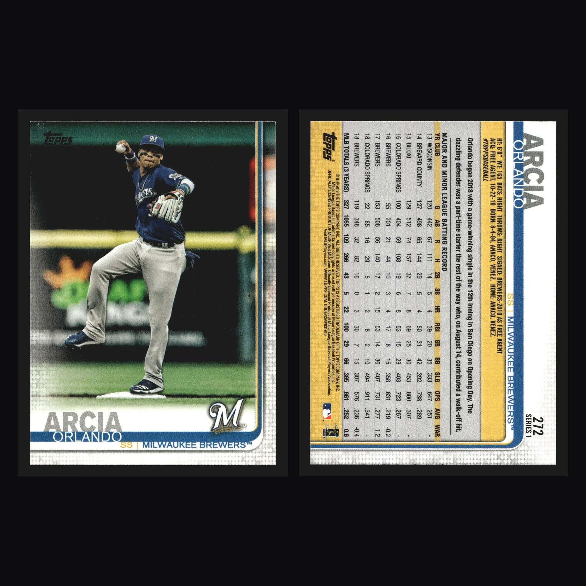 2019 Topps Series 1 #272 Orlando Arcia Milwaukee Brewers - Baseball Card Single