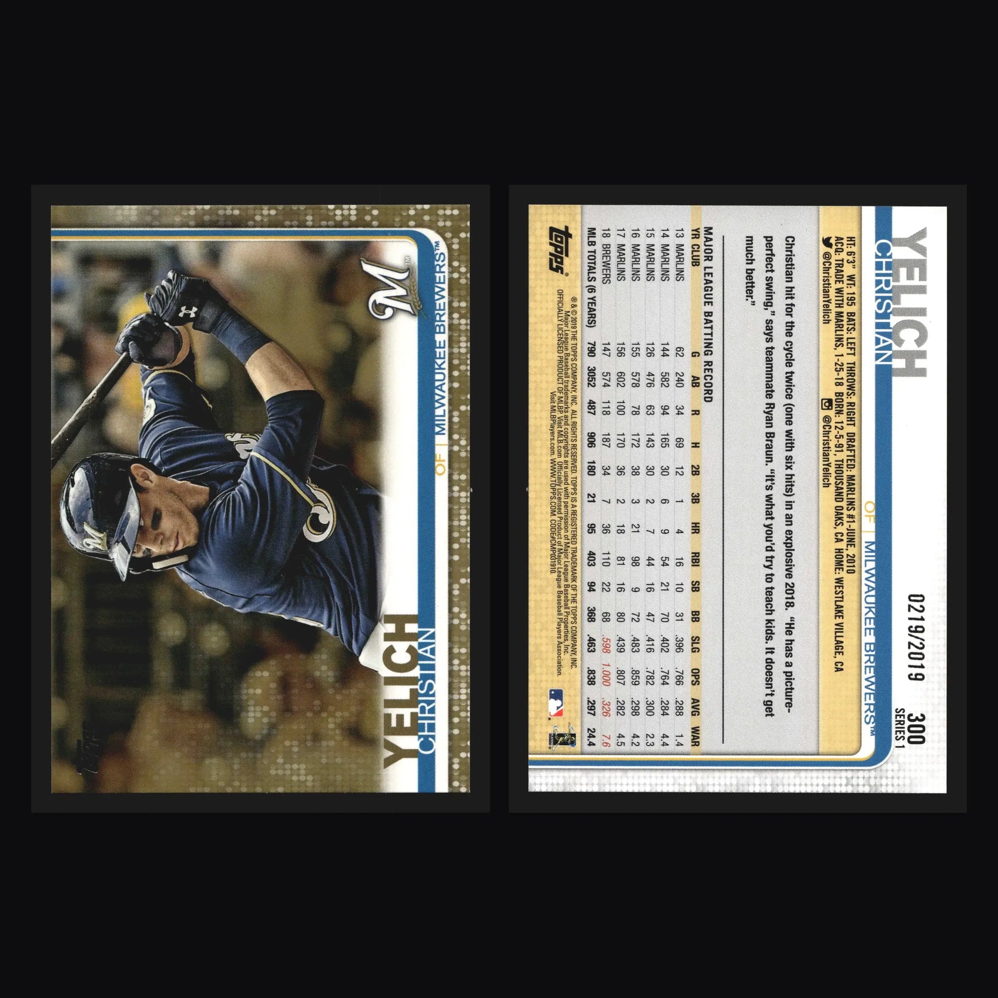 2019 Topps Series 1 #300 Christian Yelich Gold /2019 Brewers - Baseball Card Single