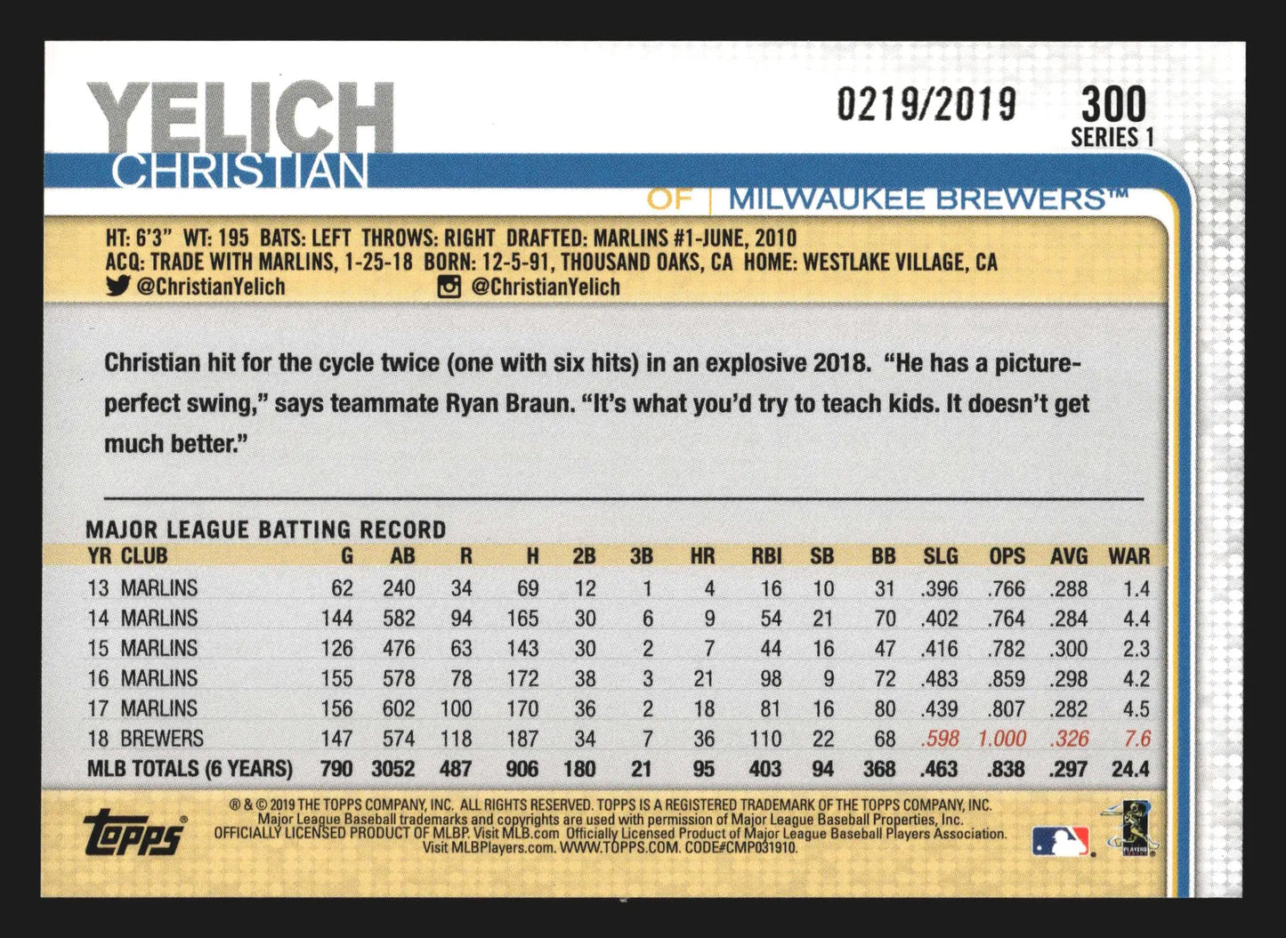 2019 Topps Series 1 #300 Christian Yelich Gold /2019 Brewers - Baseball Card Single