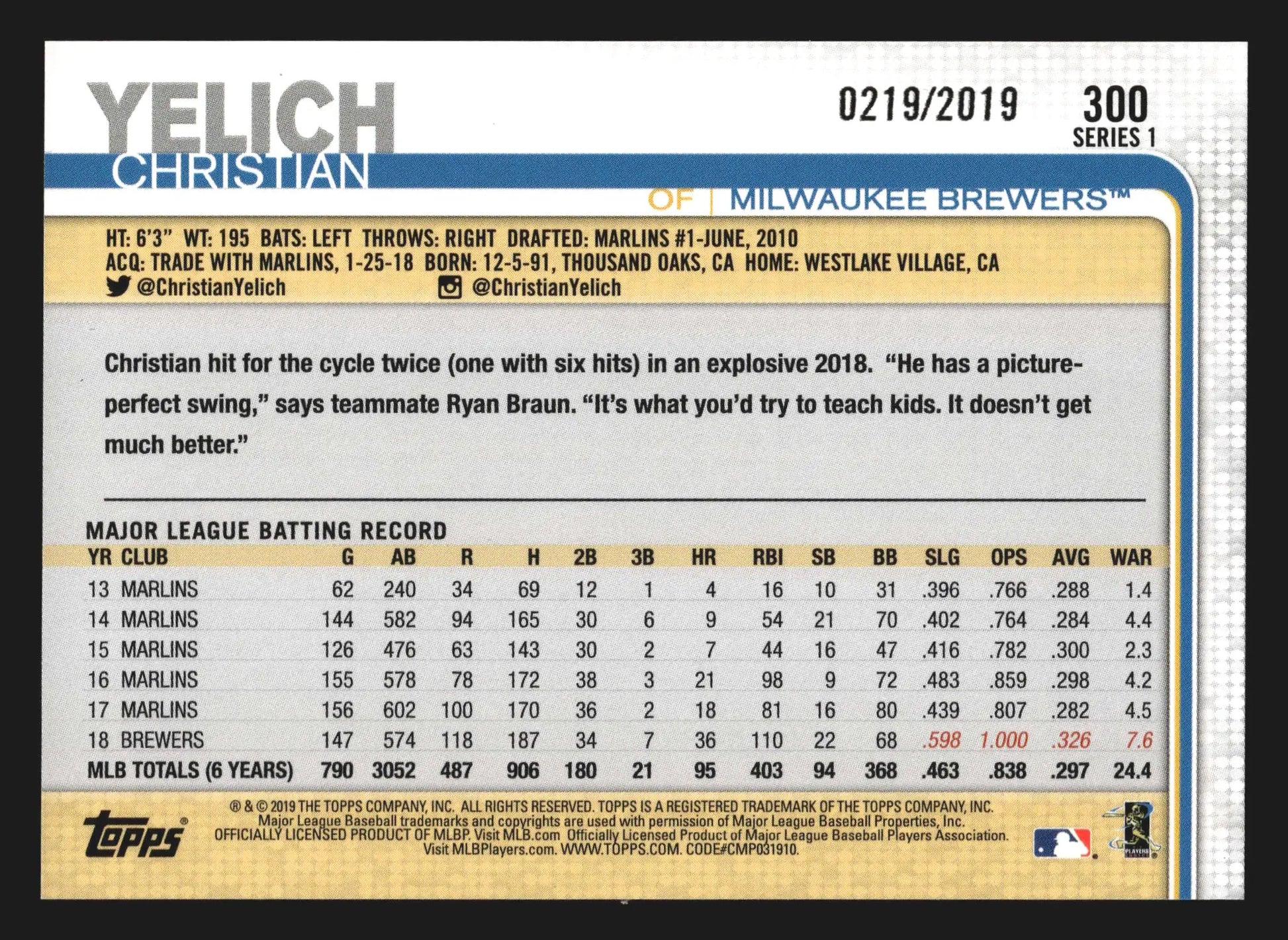 2019 Topps Series 1 #300 Christian Yelich Gold /2019 Brewers - Baseball Card Single