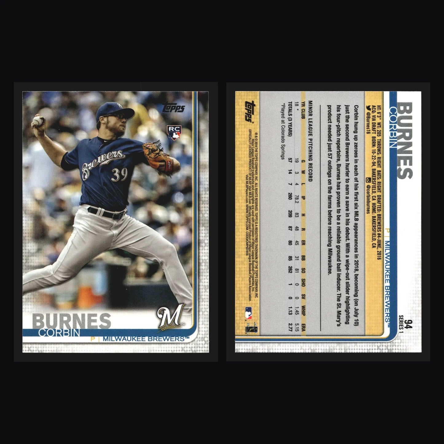 2019 Topps Series 1 #94 Corbin Burnes RC Milwaukee Brewers Rookie Card Cy Young - Baseball Card Single