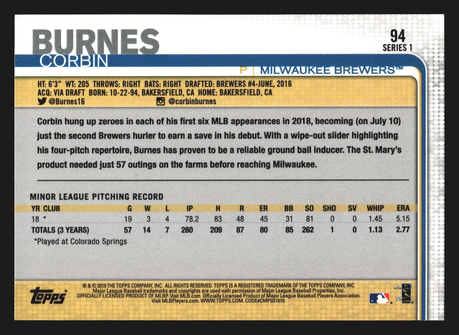 2019 Topps Series 1 #94 Corbin Burnes RC Milwaukee Brewers Rookie Card Cy Young - Baseball Card Single