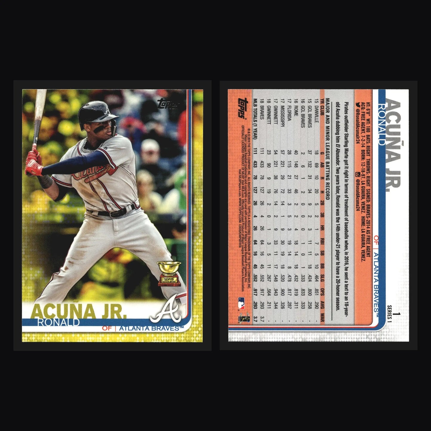 2019 Topps Series One #1 Ronald Acuna Jr. Yellow Parallel Braves